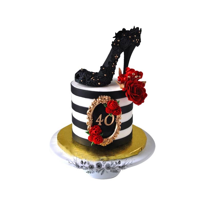 White and Black Strip with Red Rose