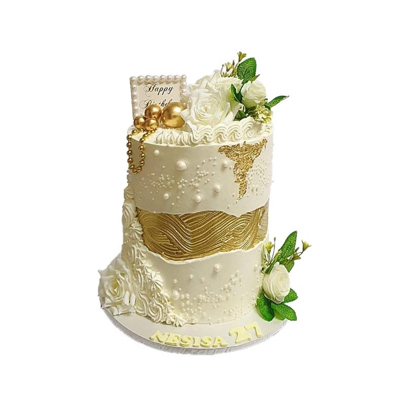 Luxurious White Gold With Flowers Cake