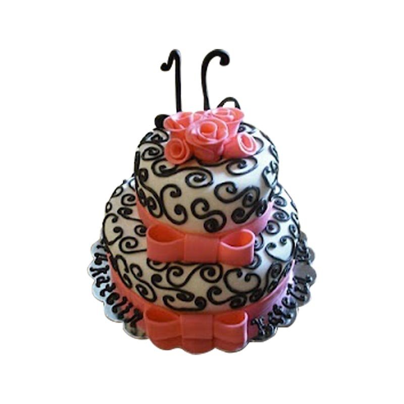 2 Tier Cake with Black Stripes, Pink Bow, and White