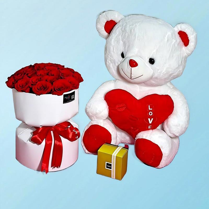Flower Teddy Bear And Chocolate Combo