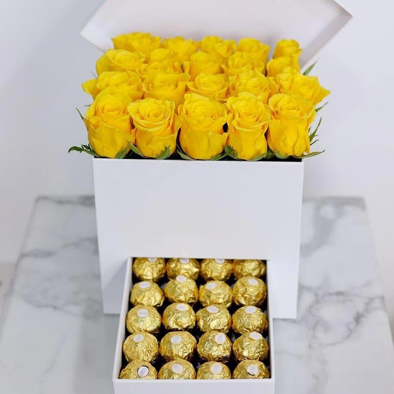 Yellow Roses And Ferrero Chocolates Box