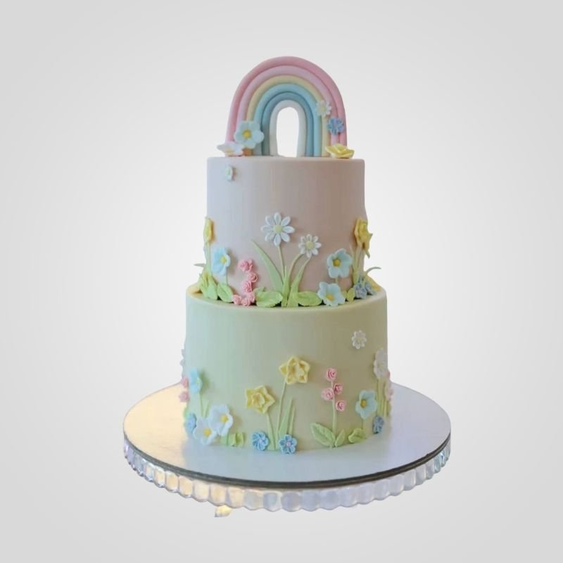 Two-Tier Pastel Rainbow Wildflower Cake