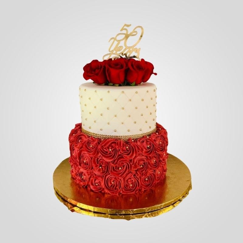 Golden Jubilee Red Rose Tier Cake