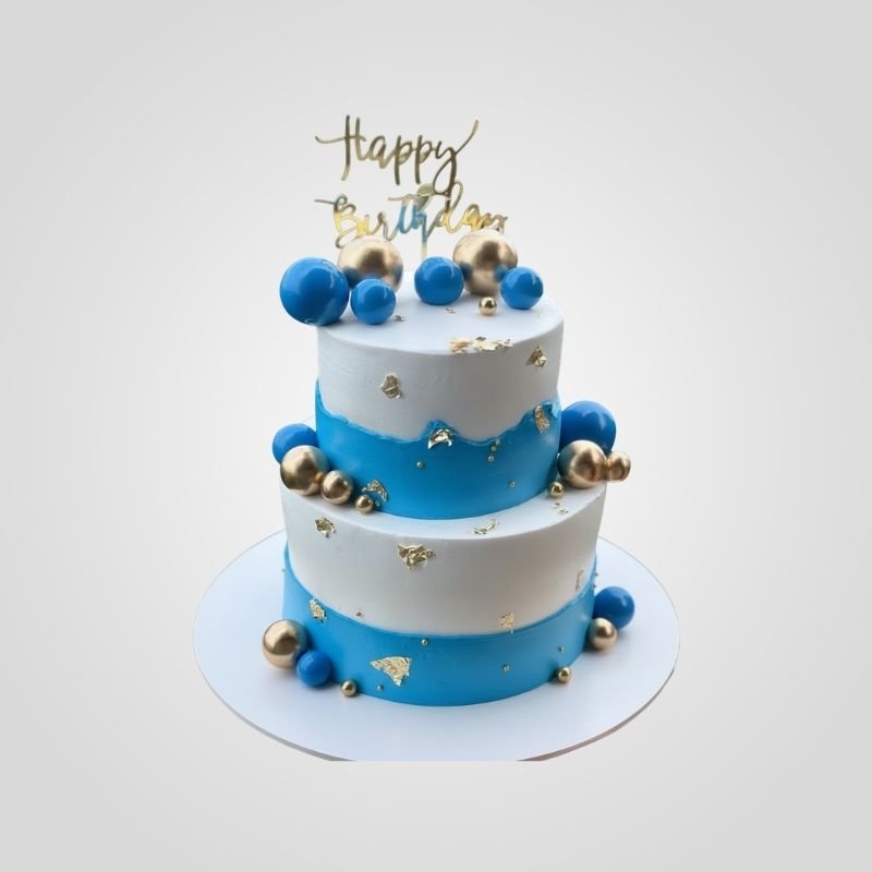 Two-Tier Blue Fault Line Cake with Spheres