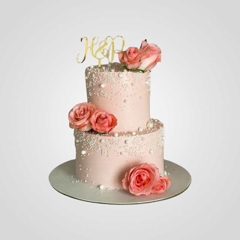 Two-Tier Pink Pearl and Rose Wedding Cake