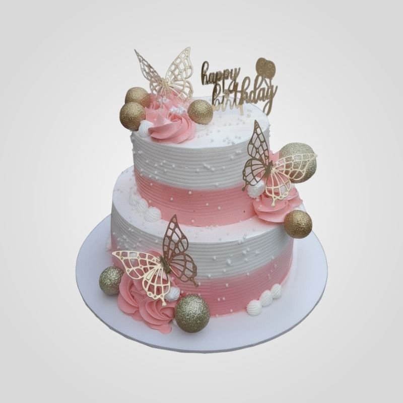 Two-Tier Pink and White Butterfly Birthday Cake