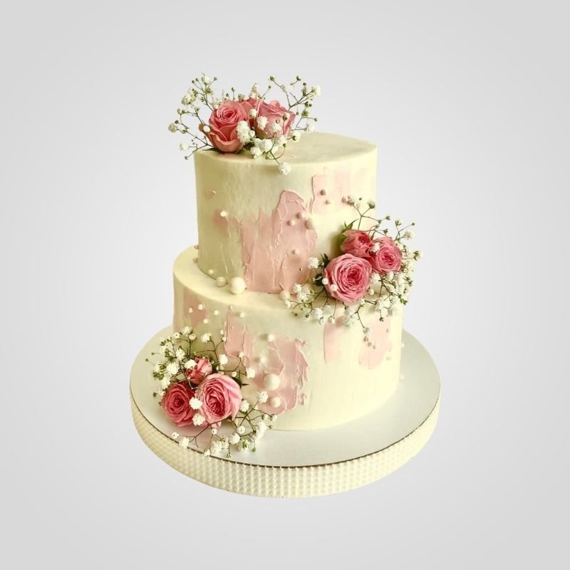 Two-Tier Watercolor Palette Knife Cake with Pink Roses
