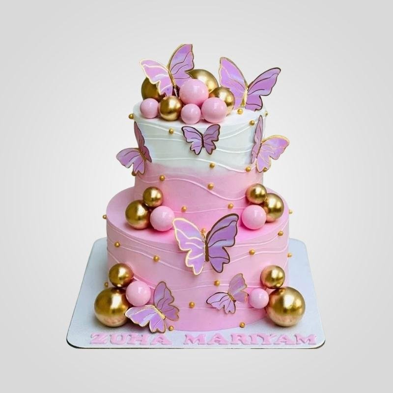 pink butterfly 2 tier cake